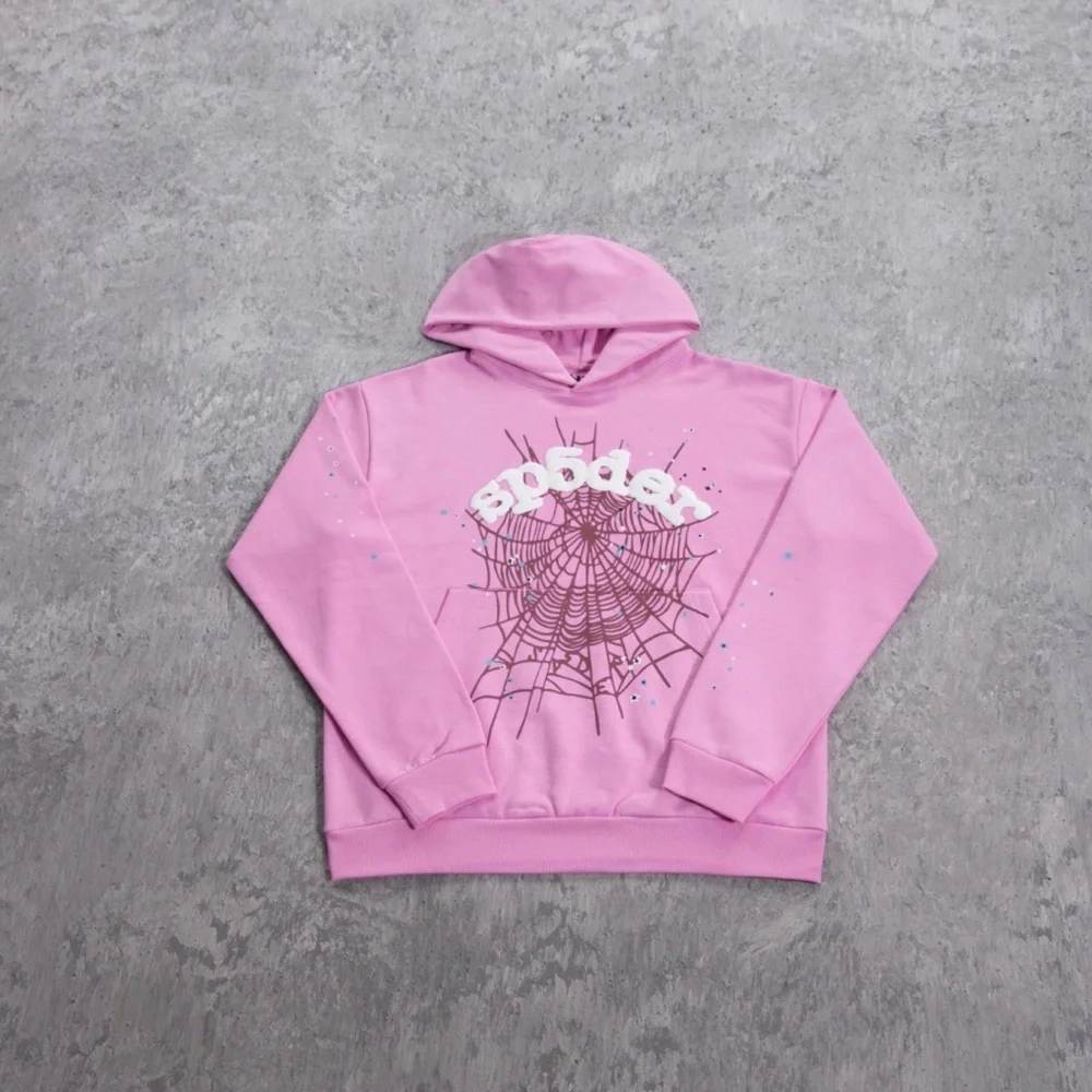 Pink Graphic Crewneck Hoodie with Spiderweb Print